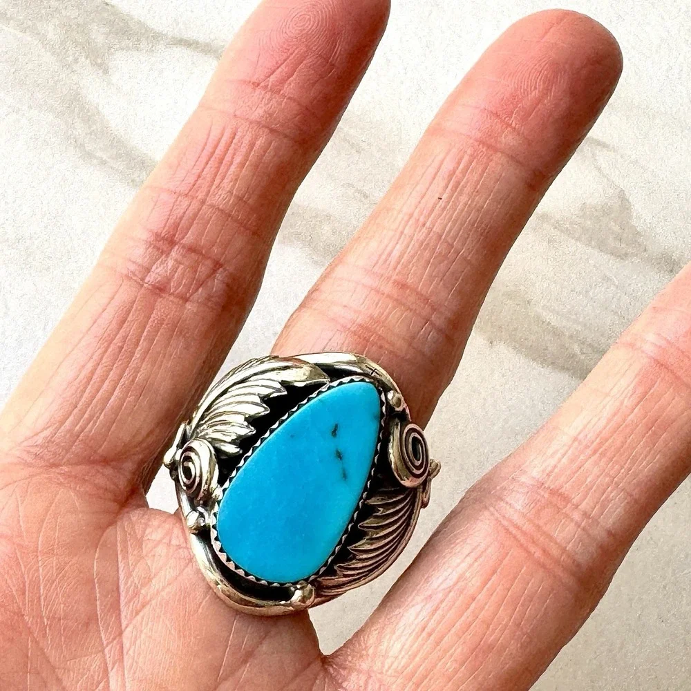 Navajo Turquoise Mens Ring Sz 12 Leaf Feather Signed Morgan Sterling Native Amer